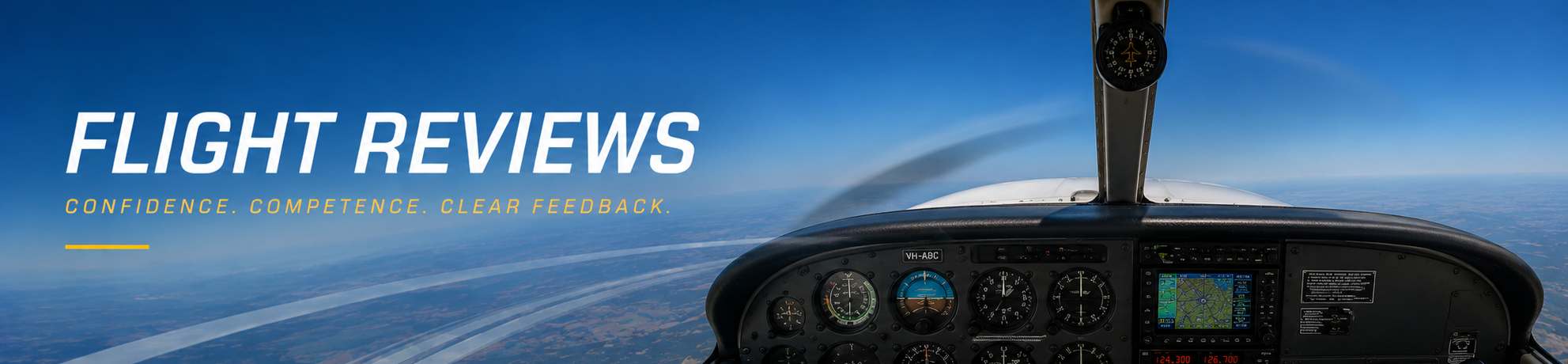 Flight Reviews banner — cockpit view over Perth with the text Flight Reviews, Confidence, Competence, Clear Feedback